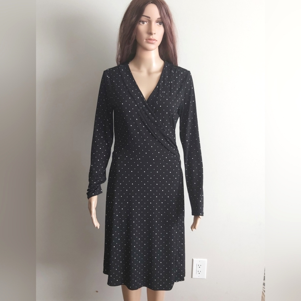 Banana Republic black white polkadots true wrap dress midi long sleeves